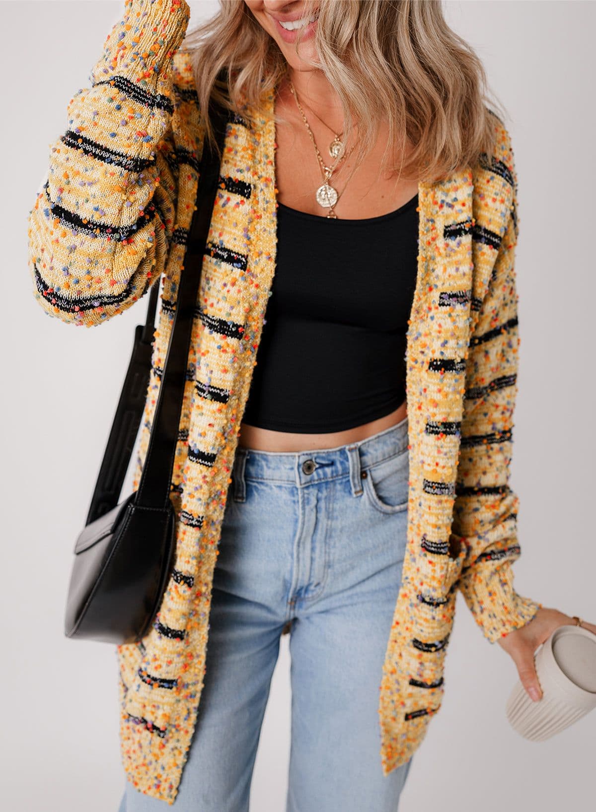 image-Beige Striped Pom Pom Knit Open Front Cardigan