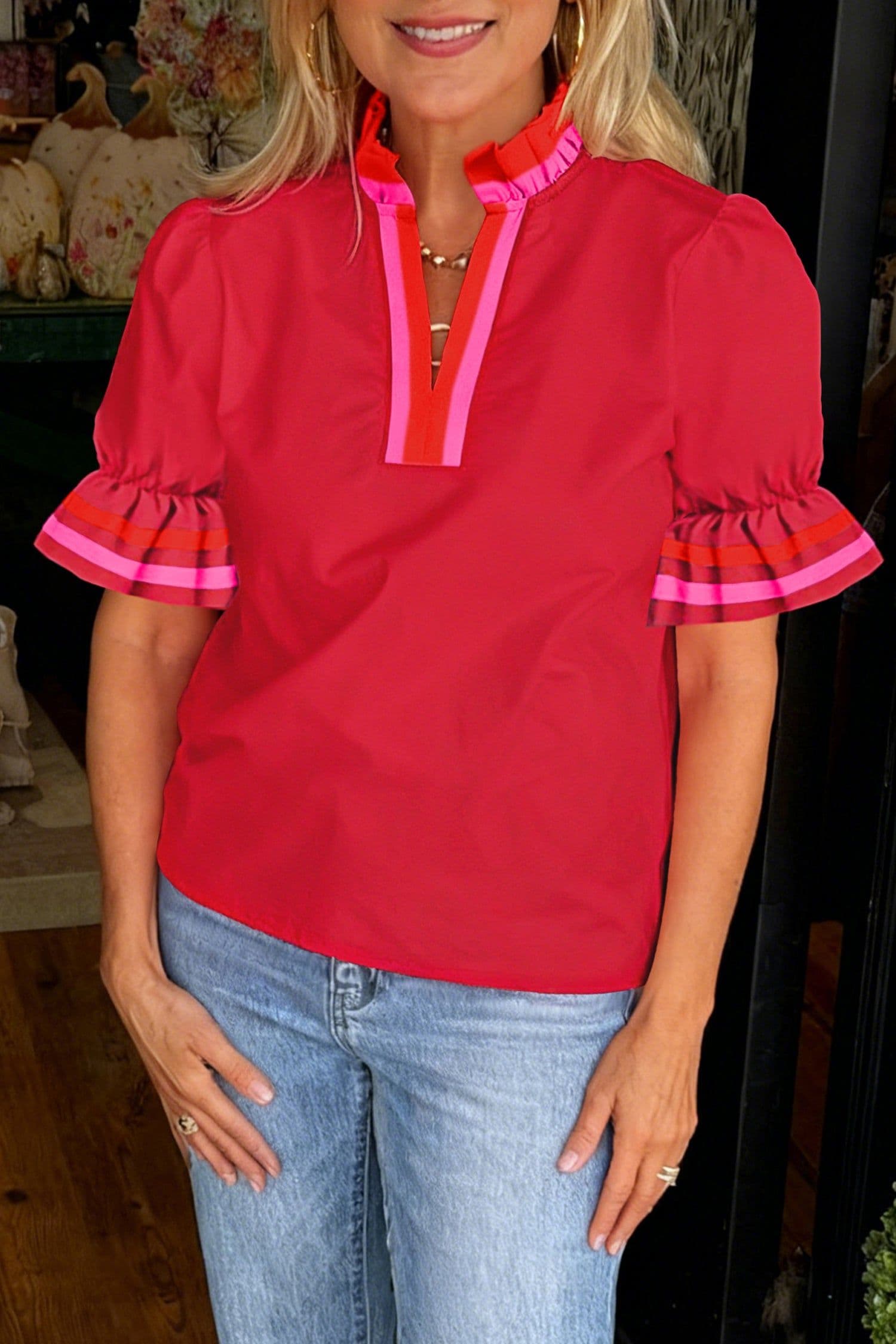 image-Fiery Red Striped Frilled Collar Ruffled Short Sleeve Blouse
