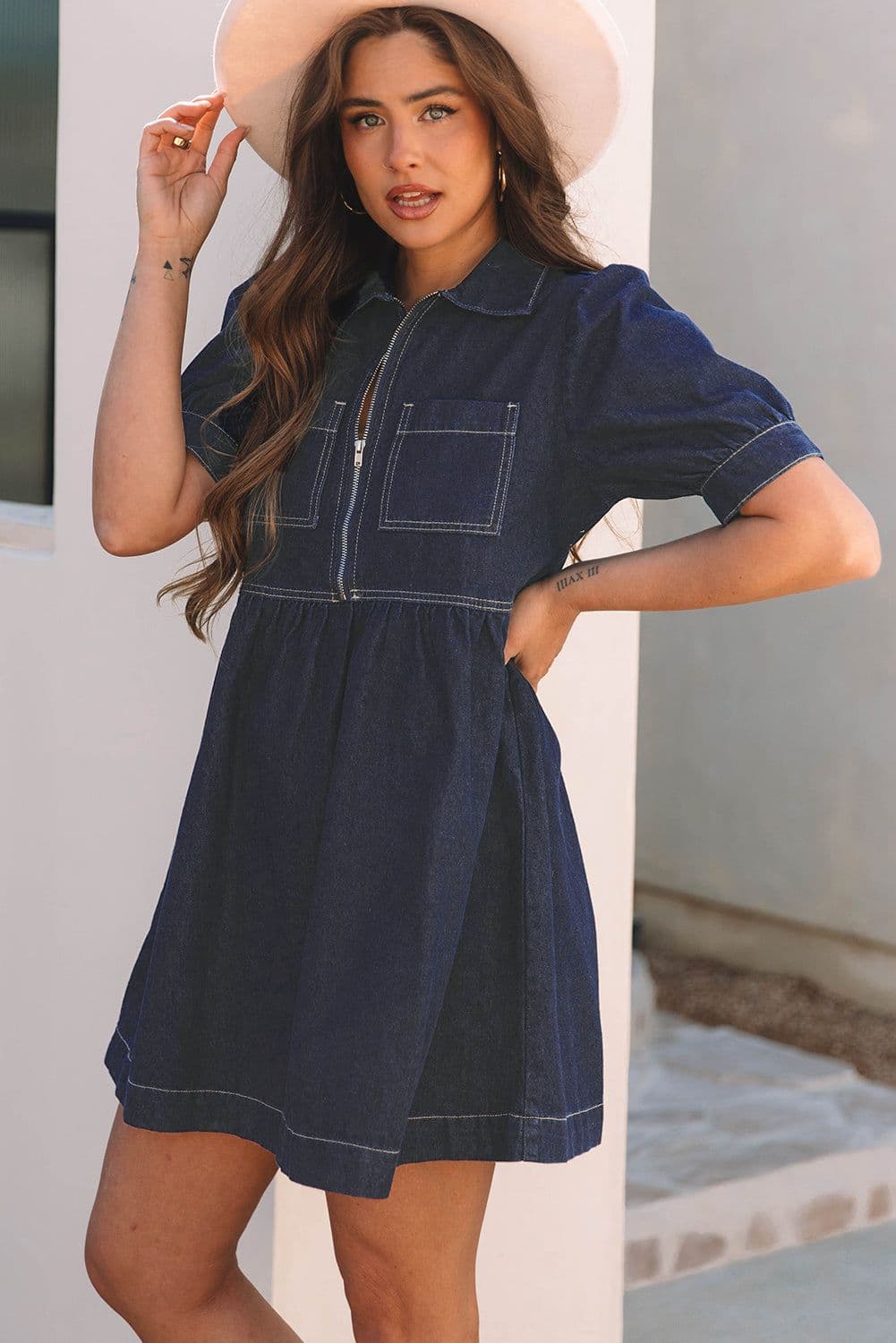 image-Dirty Blue Denim Dress - Collared Puff Sleeve Zip Front