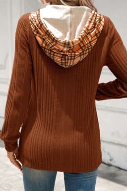 image-Chestnut Plaid Patchwork Ribbed Knit Hooded Top