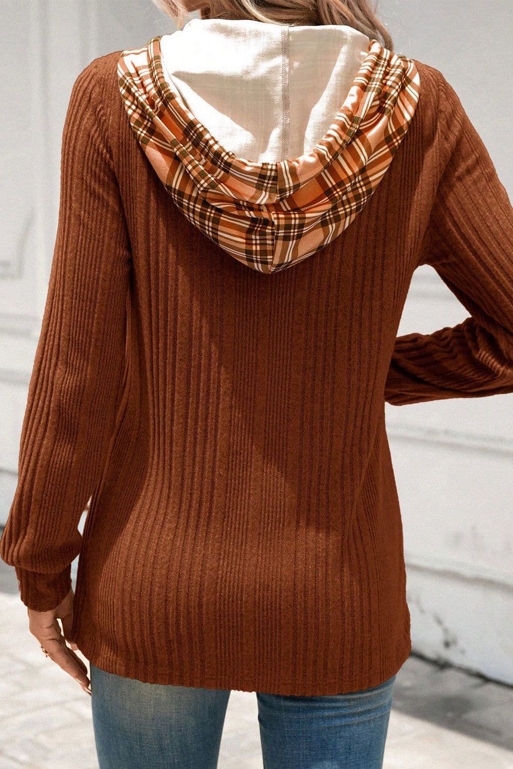 image-Chestnut Plaid Patchwork Ribbed Knit Hooded Top