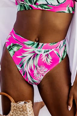 image-Rose Tropical Print Textured Bikini Bottoms