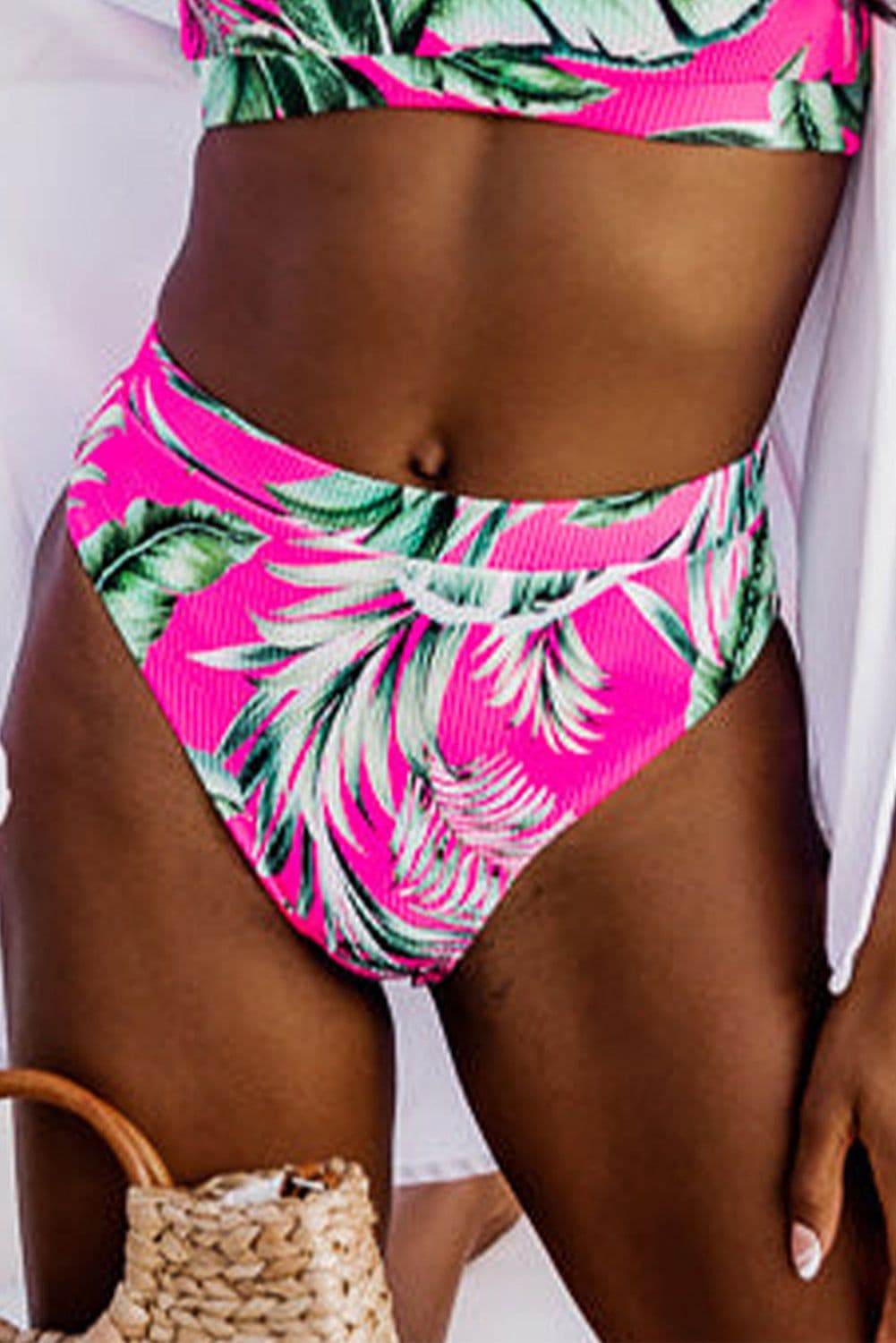 image-Rose Tropical Print Textured Bikini Bottoms