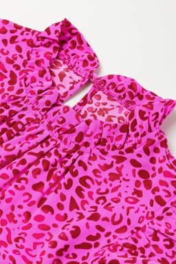 image-Leopard Print Ruffled Tiered Maxi Dress - Rose Red - Elegant Flutter Sleeves