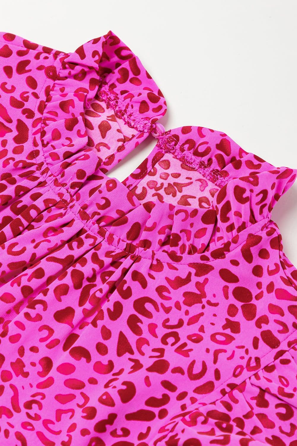 image-Leopard Print Ruffled Tiered Maxi Dress - Rose Red - Elegant Flutter Sleeves