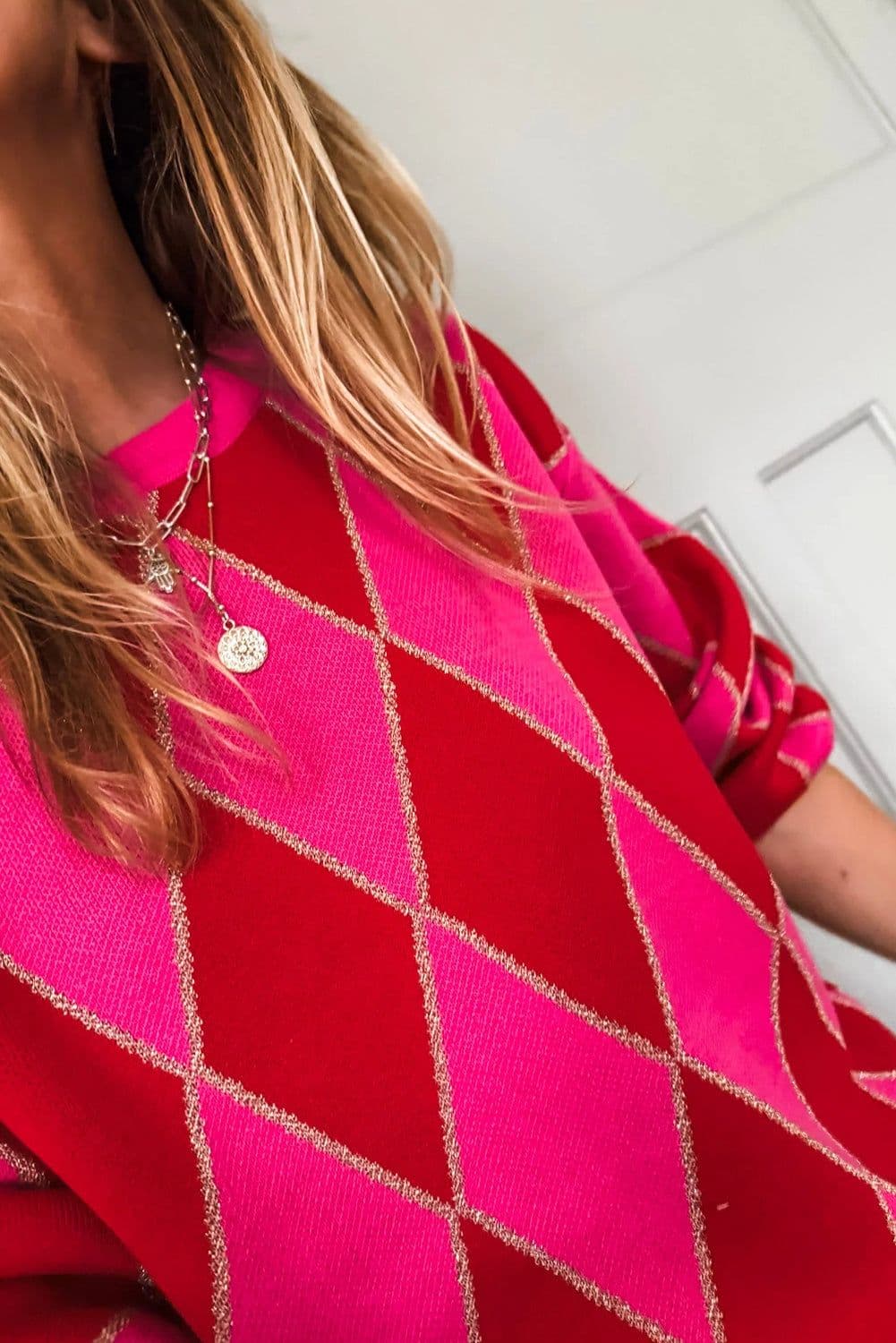 image-Rose Red Glitter Rhombus Pattern Knit Womens Casual Sweater