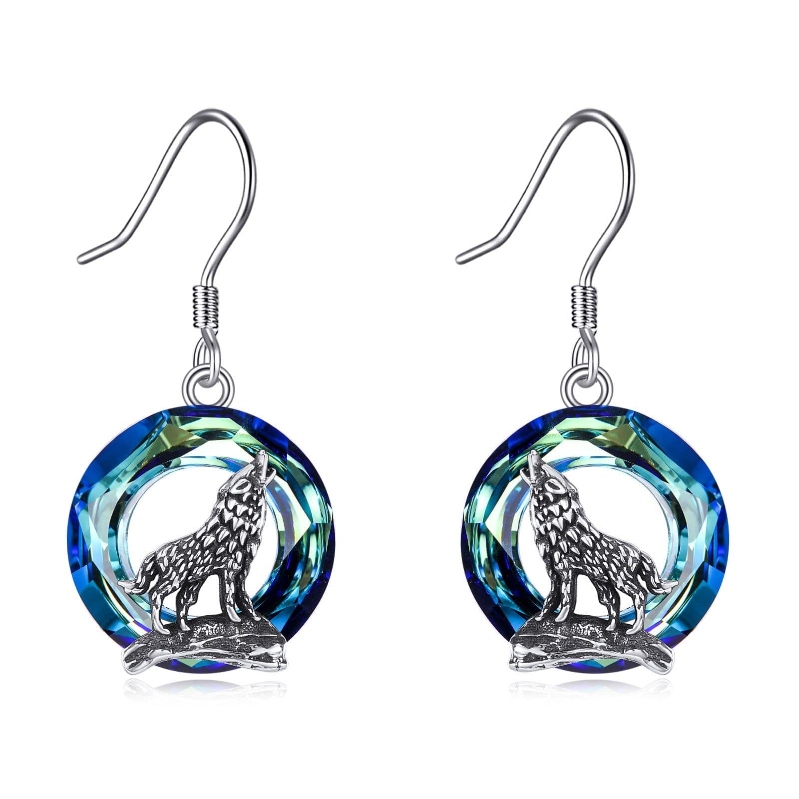 image-Sterling Silver Viking Wolf Earrings Necklace Jewelry with Crystal