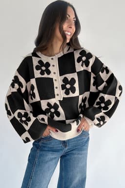 image-Thai Curry Flower Plaid Henley Baggy Sweater