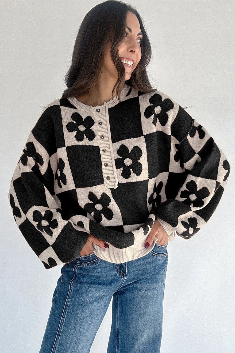 image-Thai Curry Flower Plaid Henley Baggy Sweater