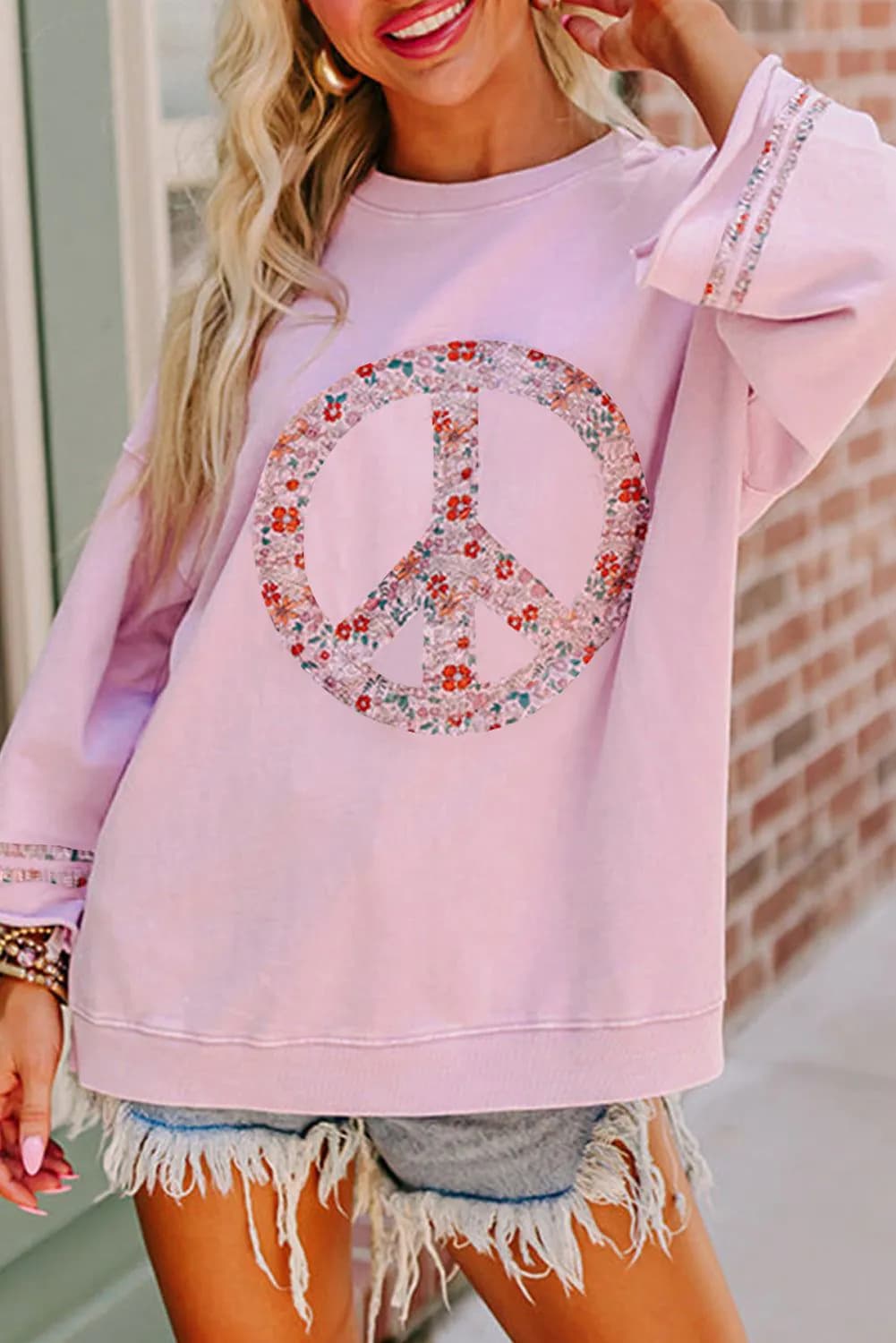 image-Light Pink Floral Peace Sign Casual Top with Drop Shoulder and Wide Sleeves