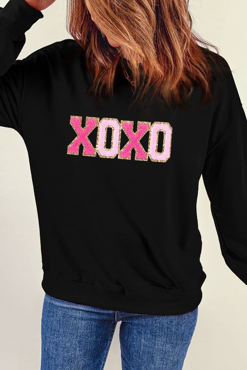 image-Black Chenille XOXO Patched Drop Shoulder Valentines Pullover Sweatshirt