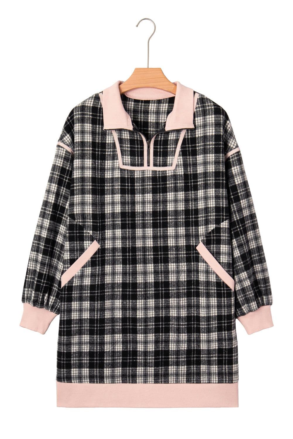 image-Black Plaid Polo Collar Zip up Contrast Trim Shift Long Sleeve Mini Dress