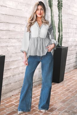 image-Gray Stripe Half Button Gauze Patchwork Bracelet Blouse