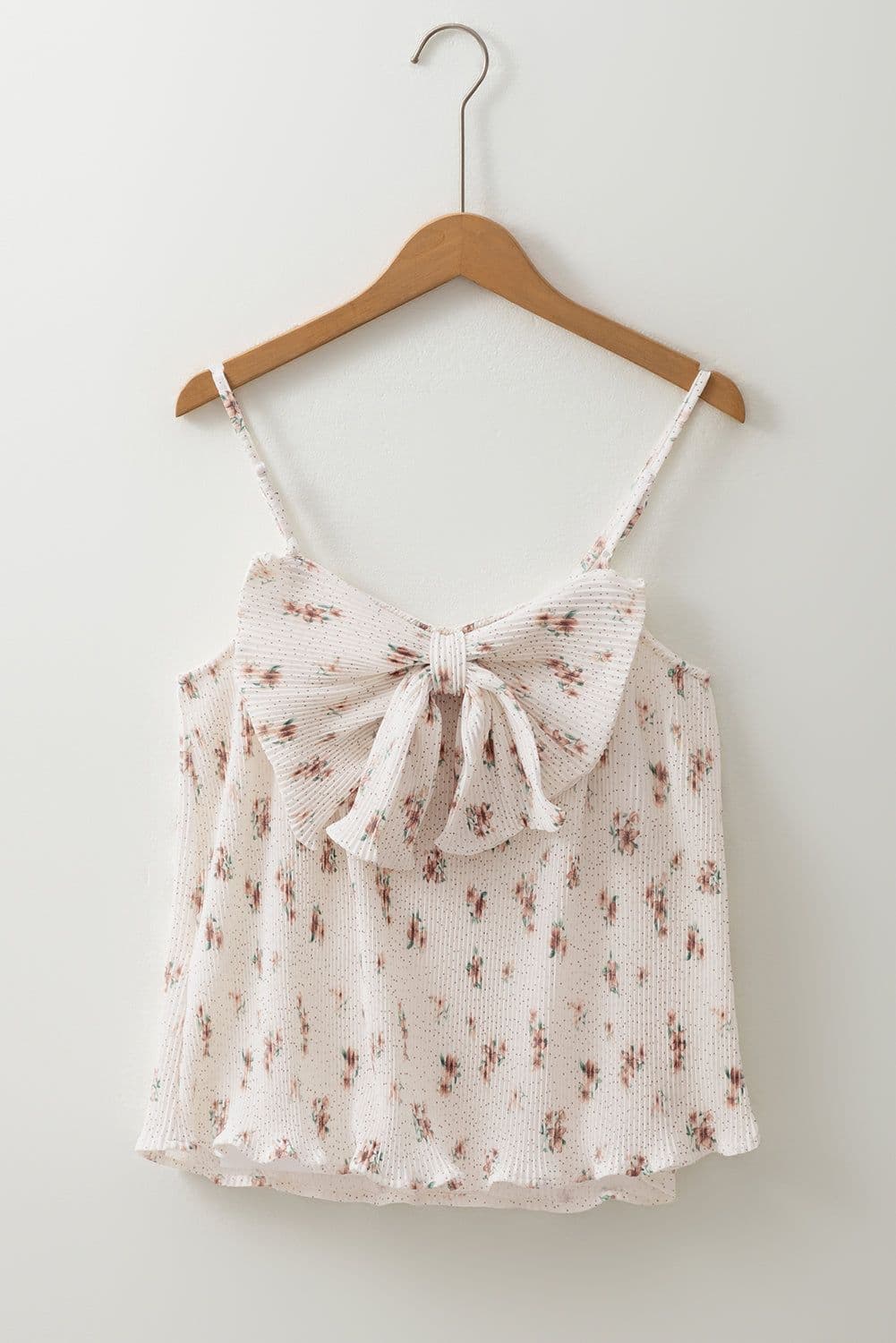 image-White Floral Pleated Tank Top with Bow Back