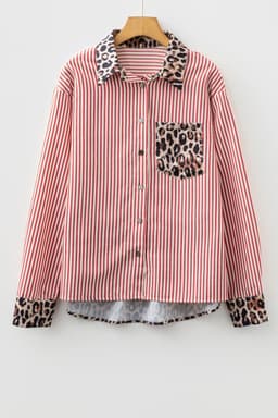 image-Black Striped Leopard Print Patchwork Button Up Womens Shirt