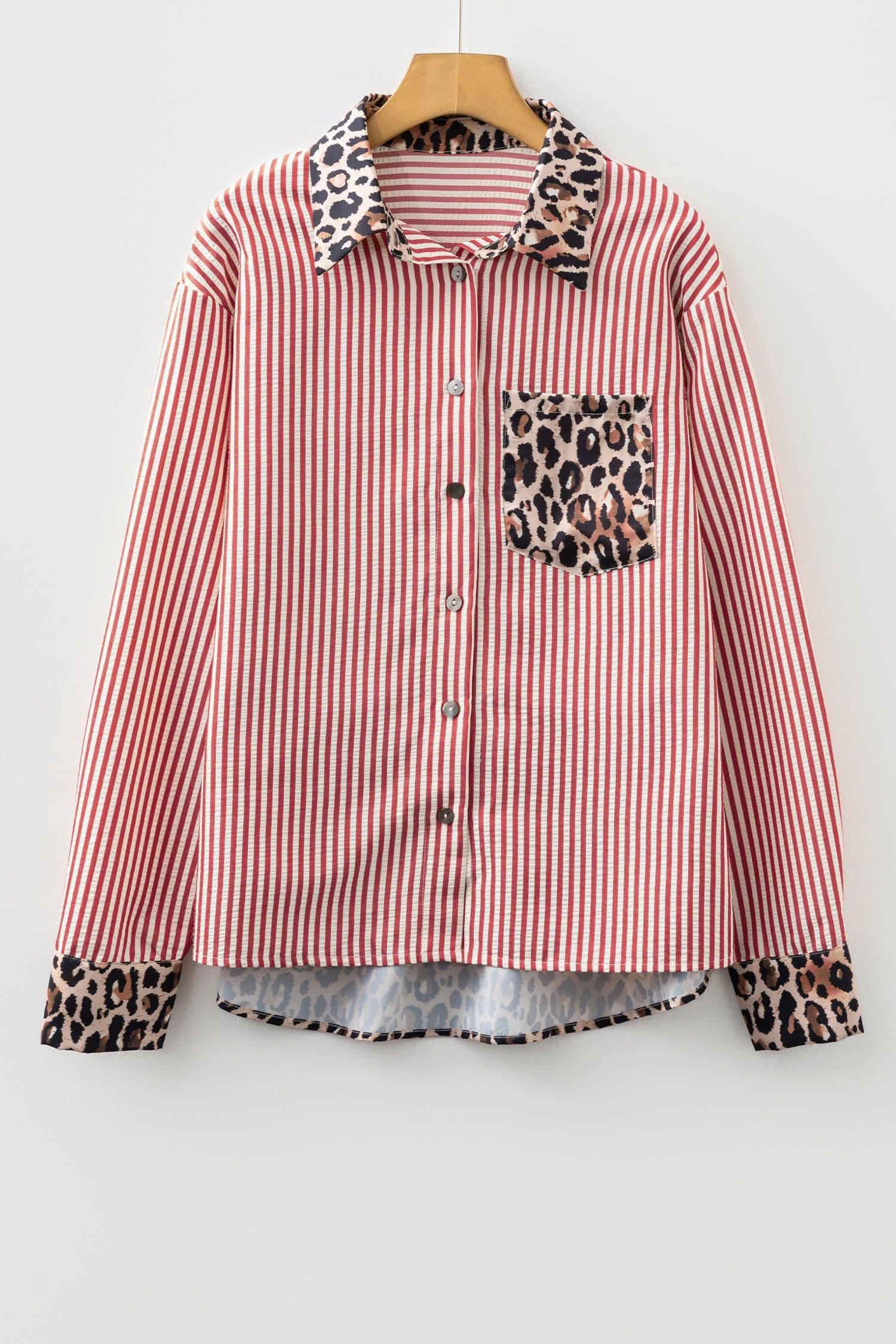 image-Black Striped Leopard Print Patchwork Button Up Womens Shirt
