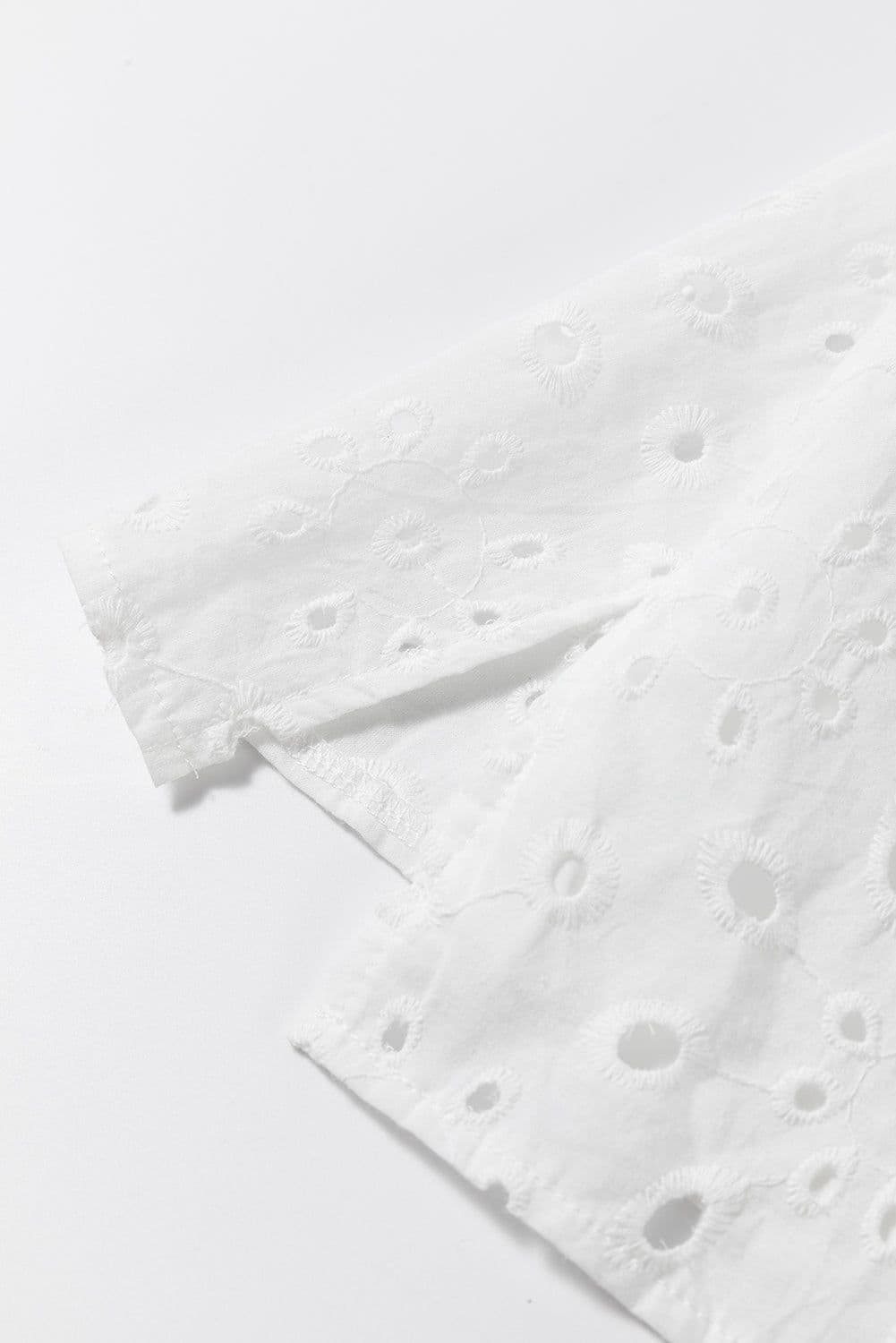 image-White Embroidered Hollow-out Puff Sleeve Blouse - Floral Design