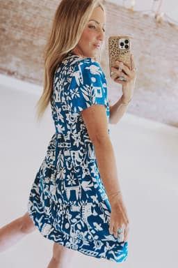 image-Blue Ricrac Trim Split Neck Floral Loose Dress