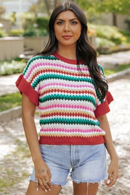 image-Fiery Red Trimmed Ruffle Sleeve Colorful Textured Sweater