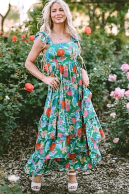 image-Green Floral Print Sleeveless Ruffle Tiered Maxi Dress