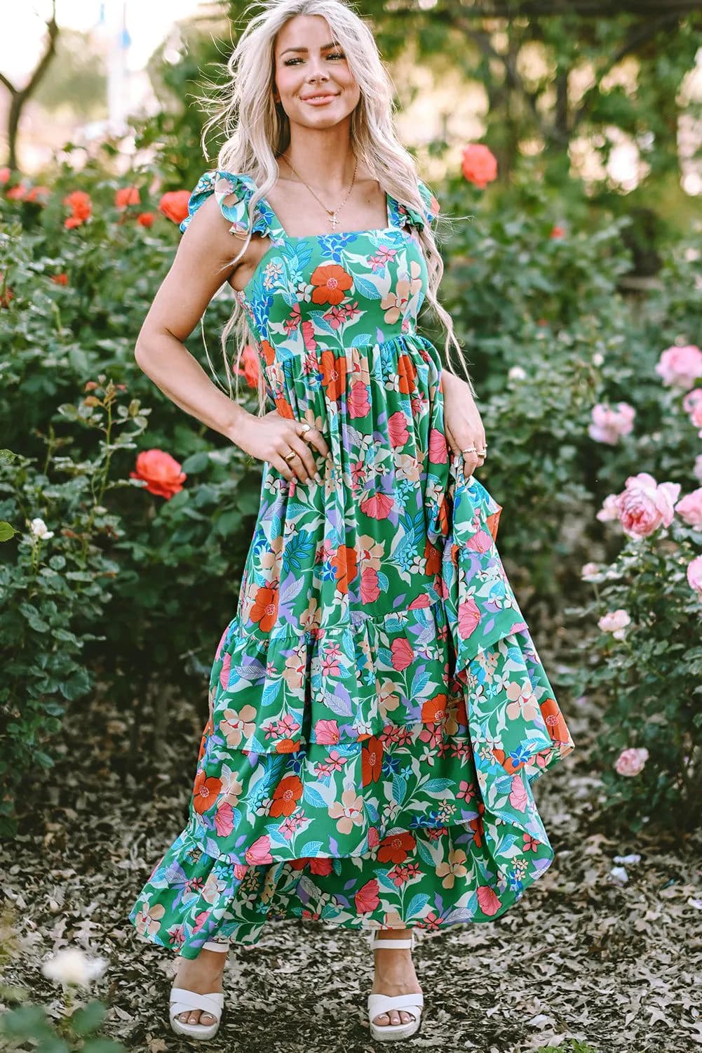 image-Green Floral Print Sleeveless Ruffle Tiered Maxi Dress