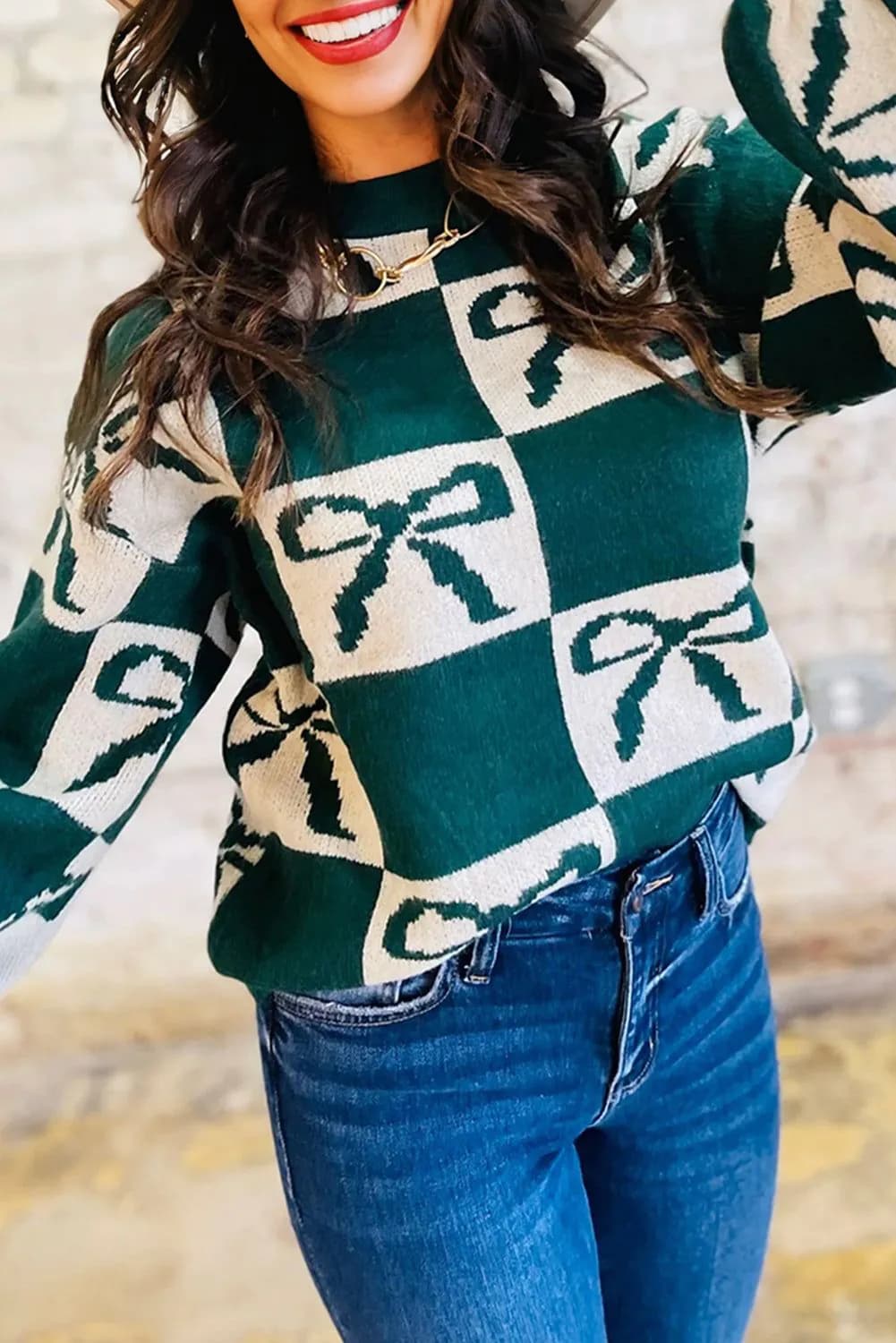 image-Blackish Green Checkered Bow Print Casual Sweater
