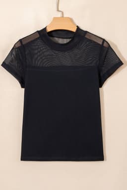 image-Black Sheer Mesh Patchwork Cap Sleeve T Shirt