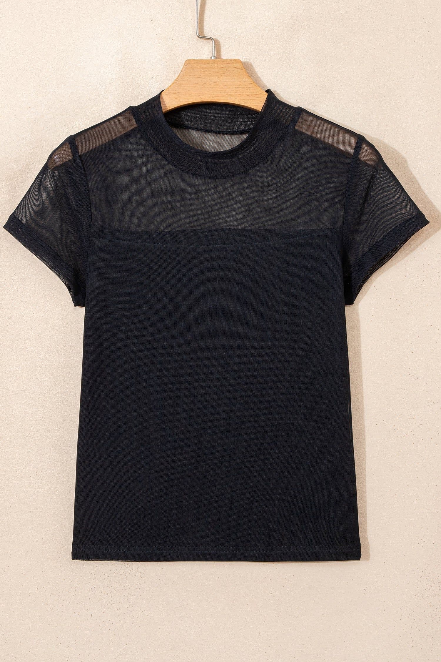 image-Black Sheer Mesh Patchwork Cap Sleeve T Shirt