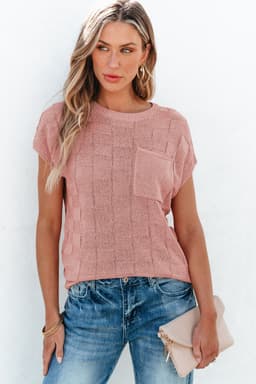 image-Pink Lattice Textured Knit Short Sleeve Sweater - Sizes S-3XL
