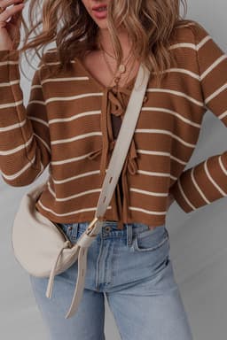 image-Chestnut Tie Front Striped Knit Cardigan V Neck