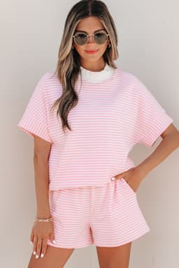image-Sky Blue Stripe Cuffed Sleeve Contrast Mock Neck Tee Casual 2pcs Short Set