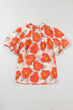 image-Orange Floral Bubble Sleeve Frill Neck Loose Blouse
