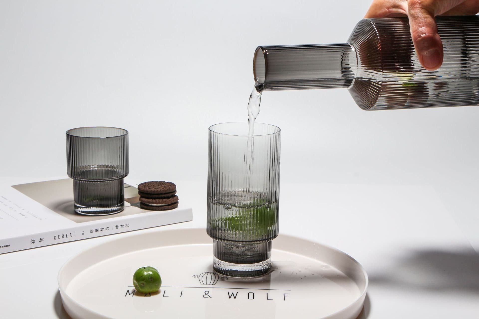 image-Wholesale Household Ins Japanese Style Simple Dense Ribbed Soot Vertical Stripes Crystal Glass Cold Kettle Water Cup Set