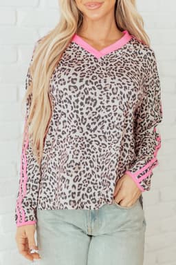 image-Khaki Leopard Print Contrast V Neck Varsity Stripe Detail Long Sleeve Top