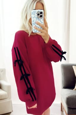 image-Racing Red Contrast Striped Bow Detail Drop Shoulder Sweatshirt Dress with Pockets