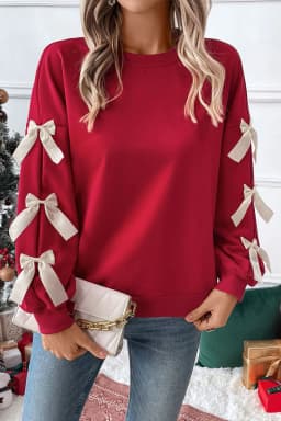 image-Fiery Red Contrast Bow Crewneck Sweatshirt - Dropped Sleeve, XL Size