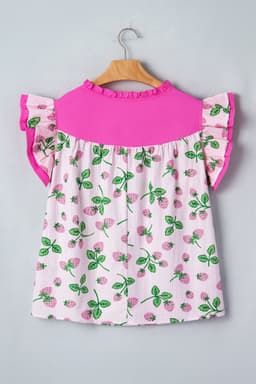 image-Pink Striped Strawberry Blouse - V Neck Flutter Sleeve