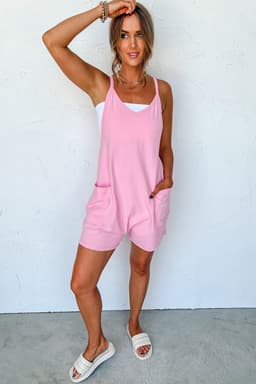 image-Pink Sleeveless V Neck Jersey Romper with Pockets