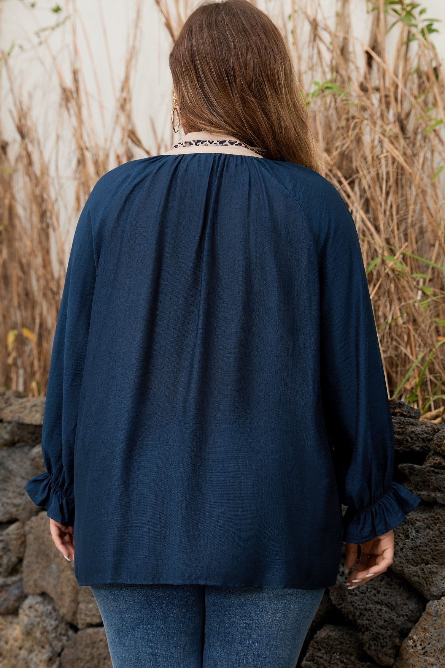 image-Navy Blue Leopard Patchwork Plus Size Blouse