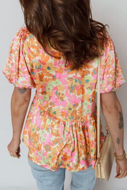 image-Orange Split V Neck Short Sleeve Flower Blouse