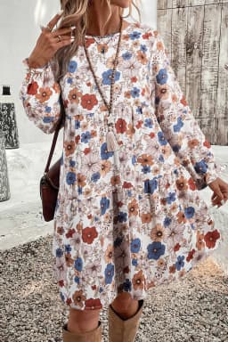 image-Khaki Tiered Floral Round Neck Ruffled Long Sleeve Dress