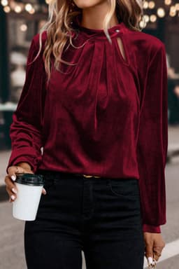 image-Evergreen Asymmetric Button Keyhole Neck Long Sleeve Velvet Blouse