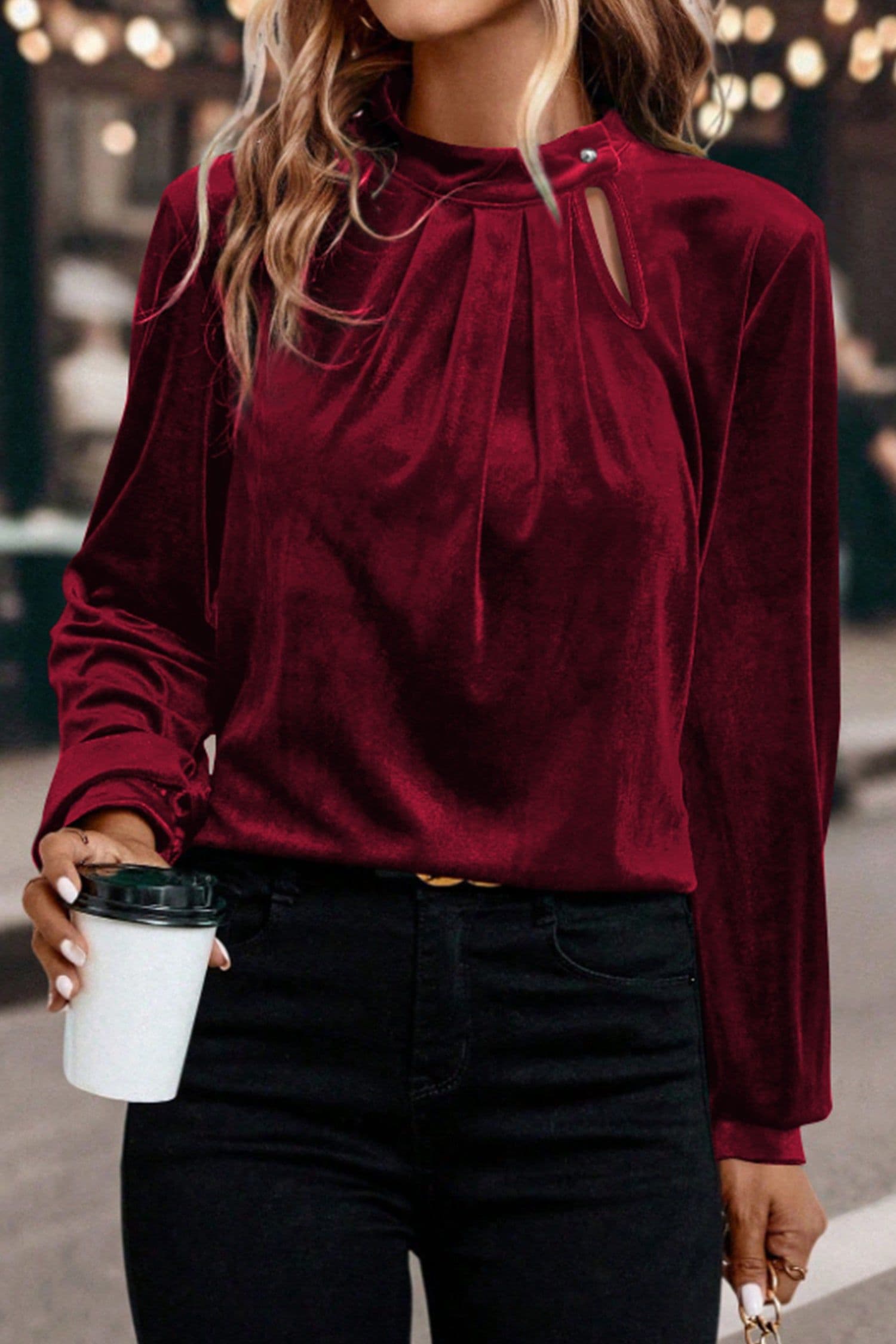 image-Evergreen Asymmetric Button Keyhole Neck Long Sleeve Velvet Blouse