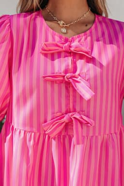 image-Rose Striped Print Bow Detail Short Puff Sleeve Mini Dress