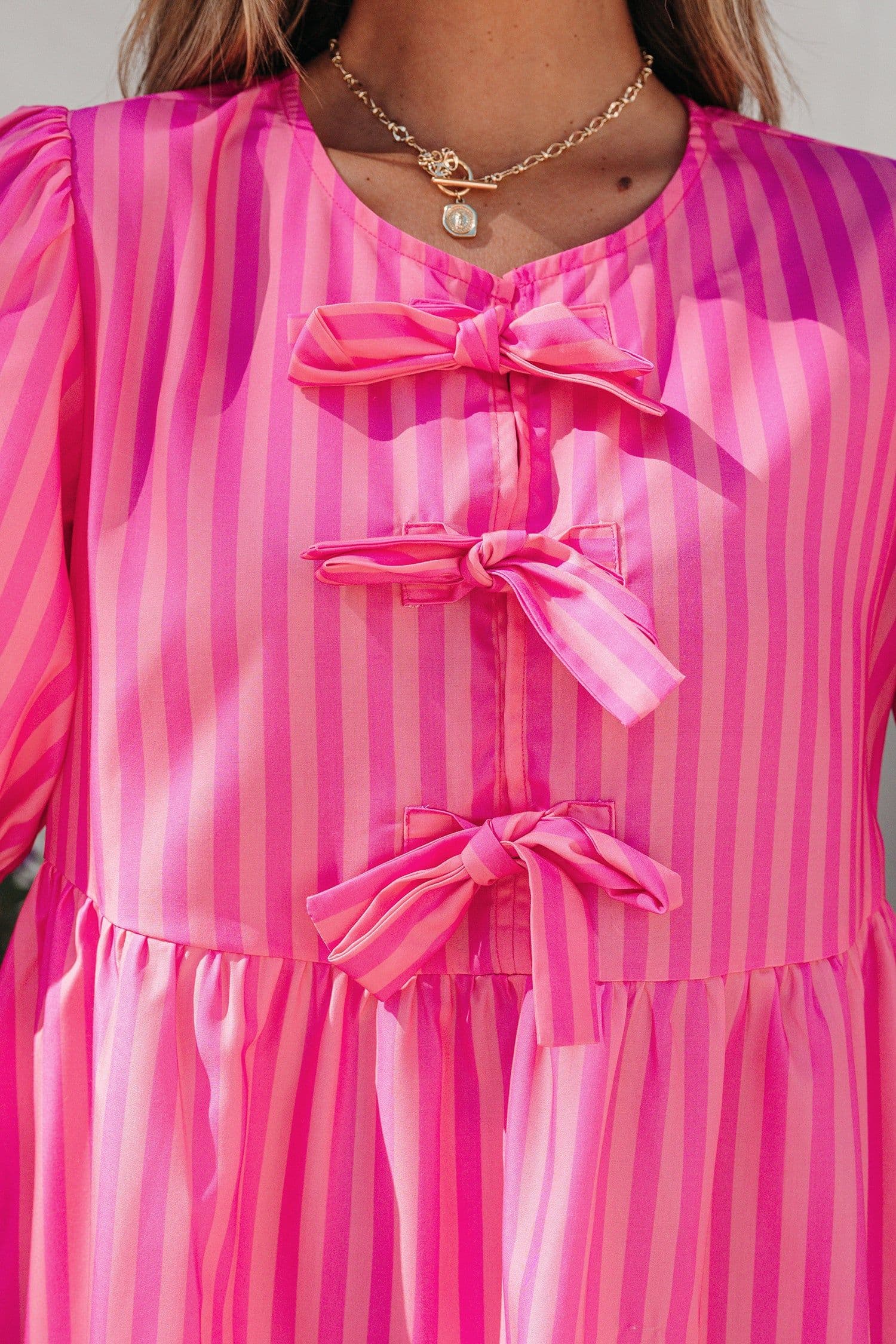 image-Rose Striped Print Bow Detail Short Puff Sleeve Mini Dress