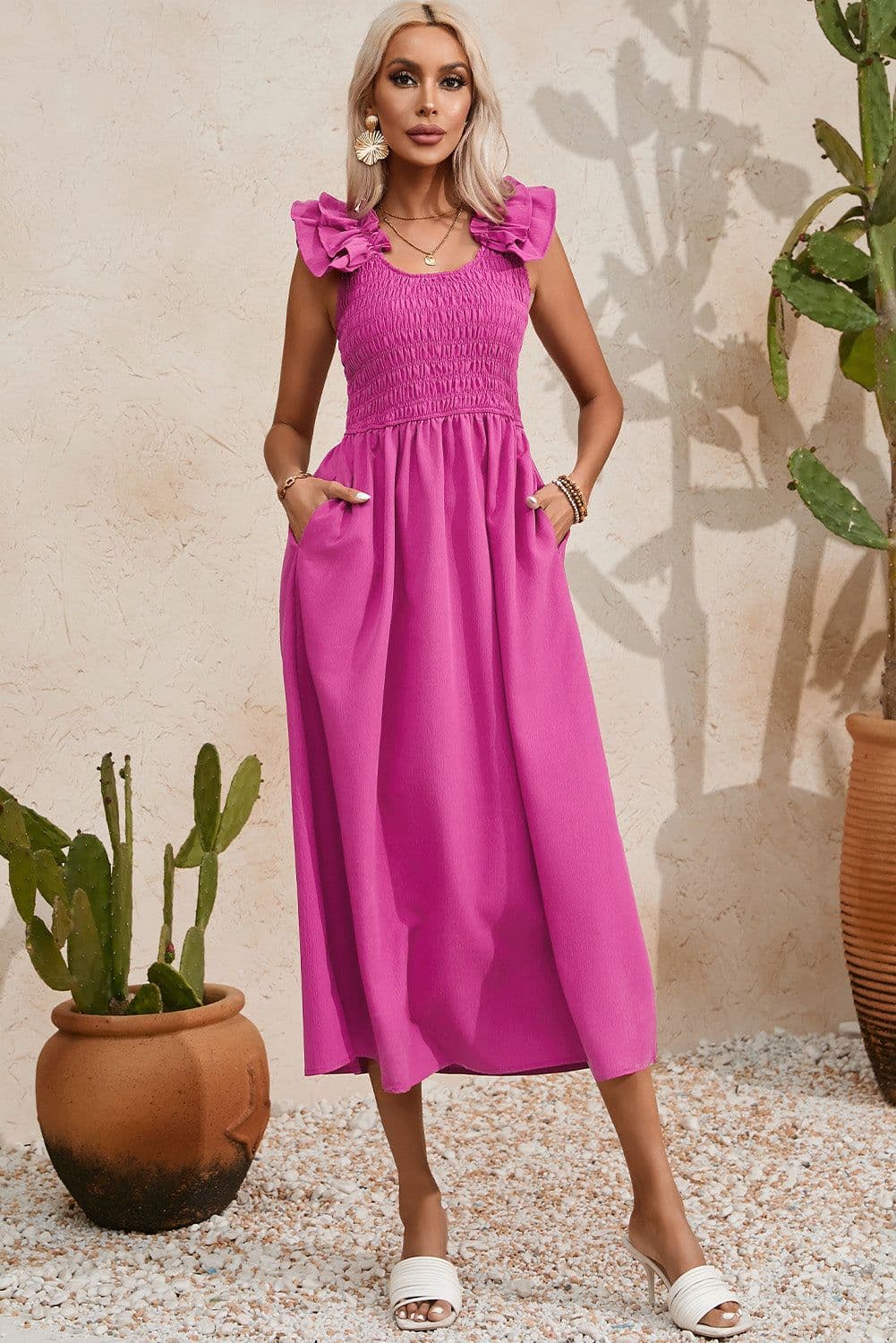 image-Rose Red Maxi Dress - Ruffled Straps, Smocked Ruched, Sizes S-XL