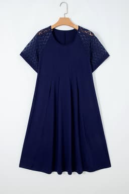 image-Navy Blue Plus Size Solid Color Lace Short Sleeve Pleated Swing Dress