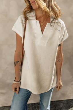 image-White Textured V Neck Collared Short Sleeve Top