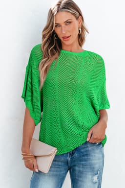 image-Rose Red Pointelle Knit Top - Short Sleeve, Scallop Edge, Delicate Design