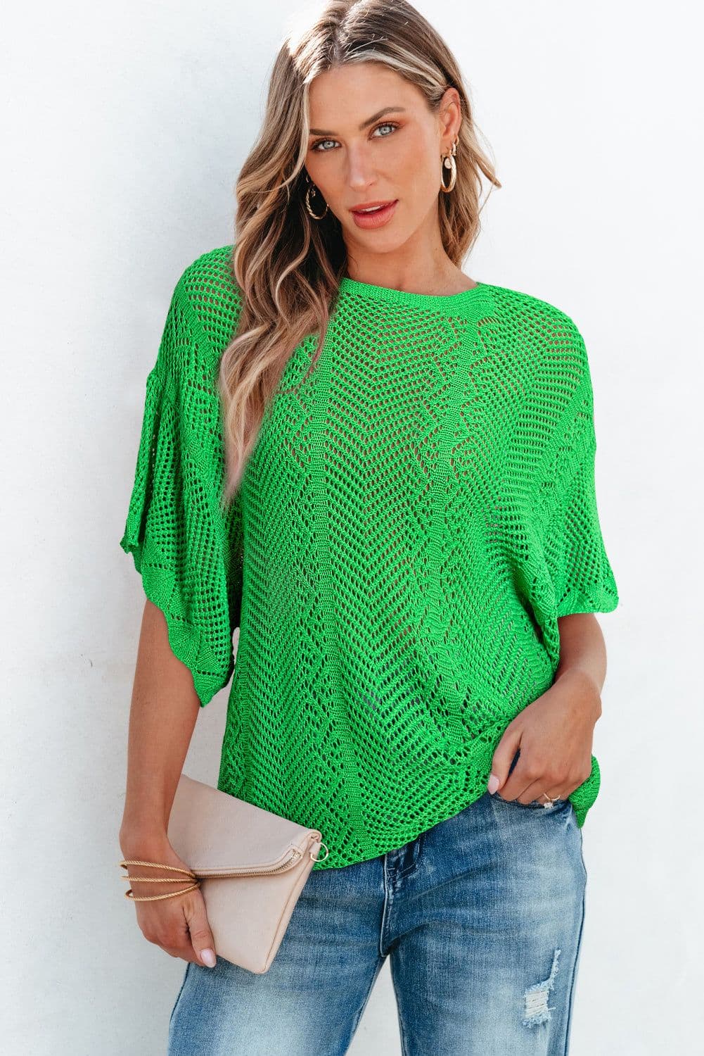 image-Rose Red Pointelle Knit Top - Short Sleeve, Scallop Edge, Delicate Design
